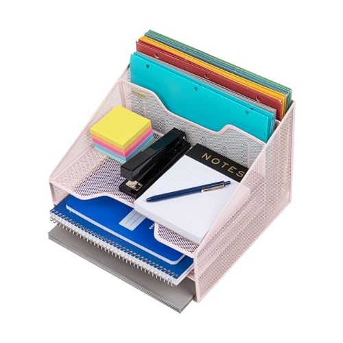 Mind Reader Metal Mesh Desktop File Organizer, 3-Tier Paper Tray with 5 Compartments, Office Mail Sorter, Pink - color: Pink