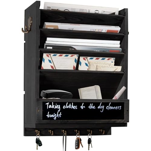 Rustic wall mail organizer,Key and Mail File Holder for Wall Mount，with 6 Key Hooks 2 Double Key Hooks A blackboard,for Home,Office, Classroom,Entryway Decor (black) - color: black
