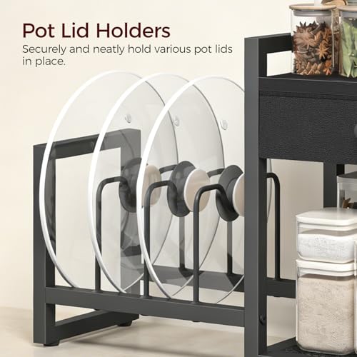 MAHANCRIS Countertop Shelf Organizer, Pots and Pans Organizer Rack, Pot Lid Holder with 1 Drawer, Pot Lid Organizer Holder with 2 Hooks, for Kitchen, Dining Room, Black POBK2201 - color: Black