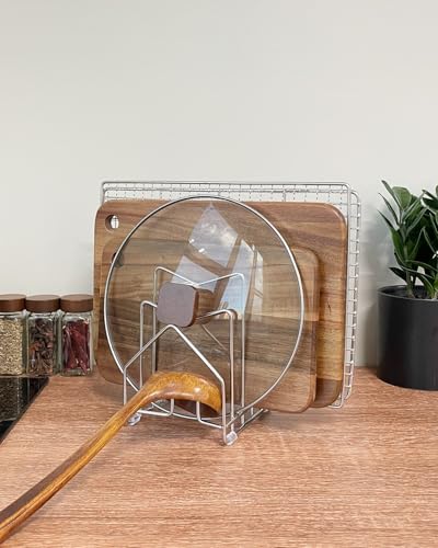 Pot Lid Organizer Cutting Board Holder Inside Cabinet 304 Stainless Steel Pots and Pan Organizer Under Cabinet Pot Cover Cookie Sheet Bakeware Serving Tray Cooling Rack Stand Kitchen Countertop - color: 1 Pack Silver