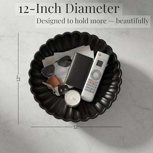 Charcoal Black | Fruit Bowl | Large Decorative Concrete Bowl Design for Modern Home Decor | 12 Inch Key Bowl and Entryway Organizer | Fruit Basket for Kitchen Counter | Frutero Moderno para Cocina - color: Black