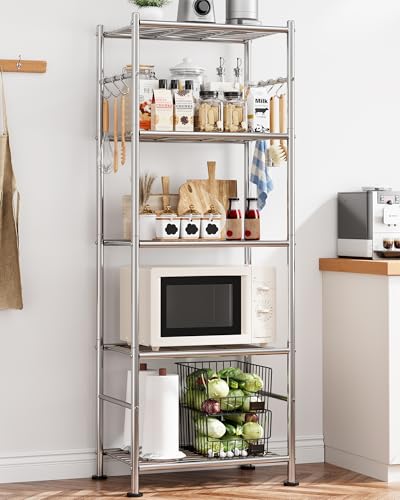 Sakugi Storage Shelves - 5-Tier Large Capacity Shelf Organizer with Hooks, Heavy-Duty Garage Shelving with Leveling Feet, Wobble-Free Rack for Bedroom, Balcony, Garage, 18.1"×12.4"×56.8", Silver - color: Silver, size: 18.1W×12.4D×56.8H(5T)