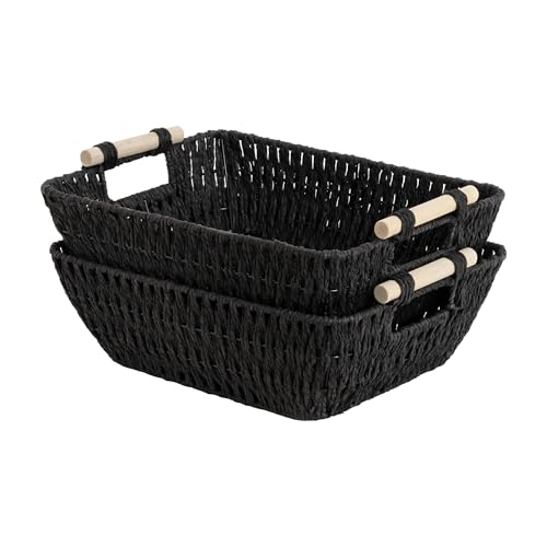 StorageWorks Large Wicker Storage Basket for Organizing with Wooden Handles, Toilet Paper Baskets for Shelf, Black, 2-Pack - color: Black, size: Medium