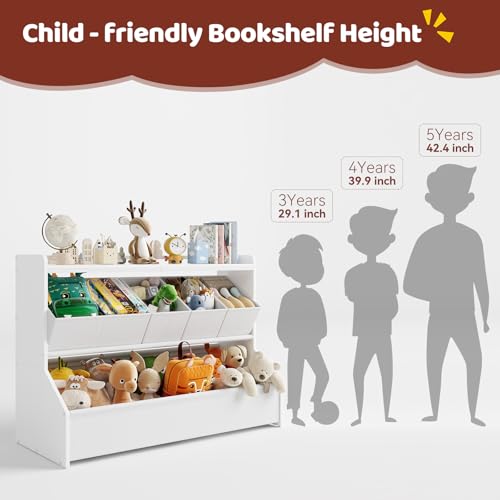 FOUCSSOMEI Toy Storage Organizer, 3-Tier Wooden Kids Toy Storage with Bookshelf, Movable Compartments, Safe and Stable Design, for Space Saving, Large Size, Patent Design - size: Large Size