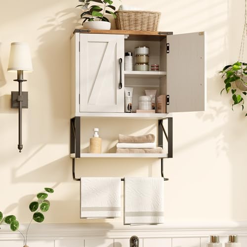 Bonnlo Wall Cabinet Farmhouse with Tower Bar Small Bathroom Medicine Cabinet Over Toilet Storage Organizer with Tower Bar Wall Mounted for Bathroom Kitchen Rustic White & Brown - size: Small - Farmhouse