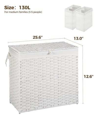 Greenstell Laundry Hamper with Wheels&Lid,130L Large 3 Sections Clothes Hamper with 2 Types Removable Liner Bags, 5 Mesh Laundry Bags, Handwoven Divided Laundry Basket White - color: White, size: 130L: 25.6x13.0x25.7 Inches