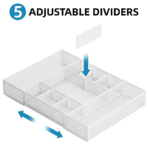 Marbrasse Expandable Desk Drawer Organizer, Mesh Drawer Organizer Tray with 10 Adjustable Compartments, Desk Organizers and Accessories, 5 Dividers Drawer for Office Supplies, Makeup & Vanity (White) - color: Expandable-White