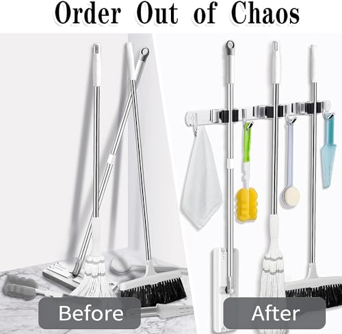 2 Pack 3 Racks and 4 Hooks Broom and Mop Holder Wall Mounted Garage Organizer Storage Tool Racks Stainless Steel Heavy Duty Hooks Self Adhesive Solid Non-slip Wall Hangers for Home Kitchen Garden - color: 3 Racks & 4 Hooks