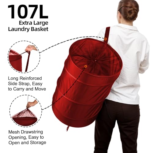 BATTOO Collapsible Laundry Baskets- Foldable Hamper for Laundry Extra Large Pop Up Laundry Hamper 107L with Long Straps Drawstring Clothes Hamper for Bathroom, Campout, Dorm or Travel Red - color: Red, size: 17.5"x27"