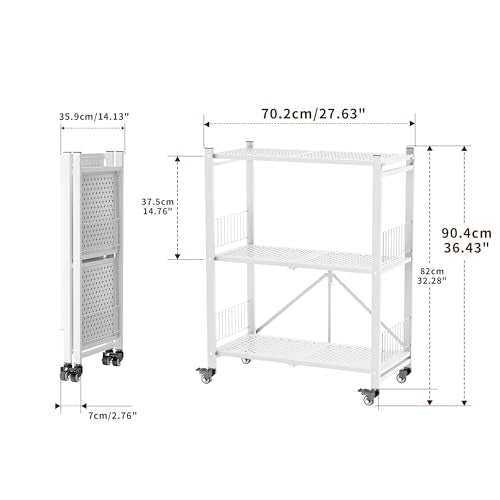 Folding Storage Shelves, 3-Tier Metal Foldable Shelf Shelving Rack Organizer On Rolling Wheels in Kitchen Warehouse Patio Pantry Basement Collapsible Shelves No Assembly (White, 3-Layer) - color: White/3-tier