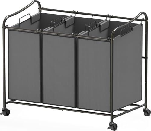 Simple Houseware Heavy Duty 3-Bag Laundry Sorter Rolling Cart, Dark Grey – Durable Triple Laundry Hamper with Removable Bags and Lockable Wheels for Efficient Laundry Organization - color: Dark Grey