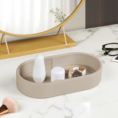 Oval Desk Valet Tray, PU Leather Perfume Dish Bowl for Keys Wallet Watch, Decorative Trinket Vanity Jewelry Tray, Entryway Nightstand Organizer Women Men (Beige) - color: Beige