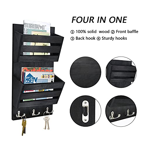 Unistyle Rustic Mail Organizer Wall Mount with 4 Key Hooks,Mail Holder Wall Mounted，Hanging Mail Organizer,Letter Holder for Wall,Key Hanger for Letter, Magazines, Keys, Dog Leashes - color: Black