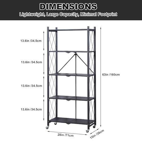 IDEALHOUSE 5 Tier Folding Shelves with Wheels, Heavy-Duty Storage Rack, No Tools Assembly, 63" H for Kitchen Pantry Garage Office, Black