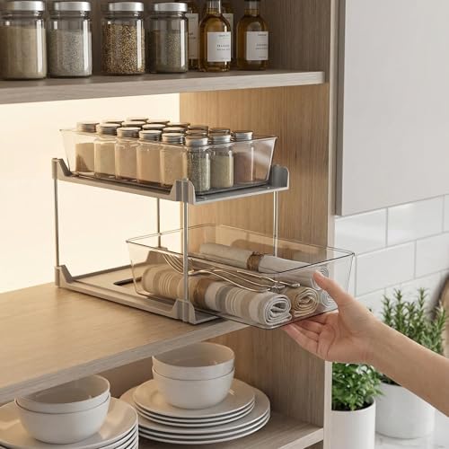 2 Pack Bathroom Organizer,2 Tier White Under Sink Organizers Vanity Countertop Storage Container,Cabinet Drawers Bins, Pull-Out Organization with Track for Pantry, Kitchen - color: White, size: 2 Pack