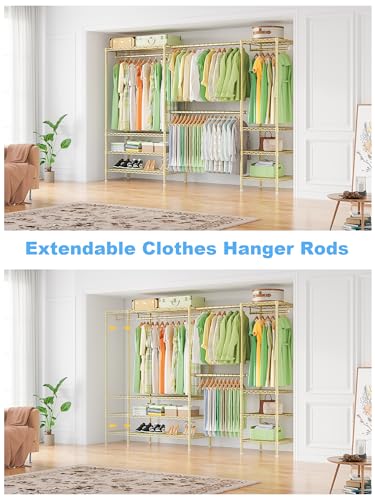 Ulif E11 Heavy-Duty Garment Rack, Metal Freestanding Clothes Rack and Closet Storage Organizer System with 8 Shelves and 4 Hanger Rods, (73.2-97.6)" W x 14.5" D x 71.2" H, Load 1034 LBS, Gold - color: Gold