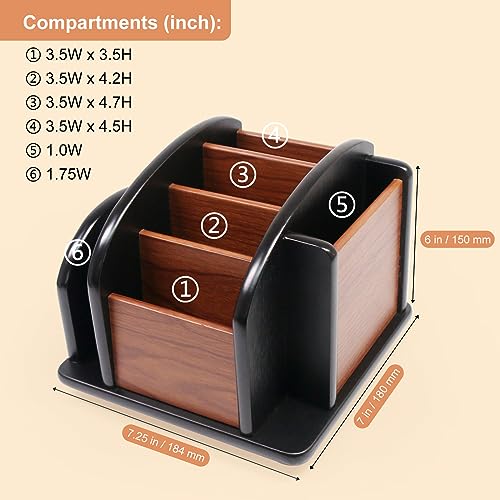 Coideal Remote Control Holder Caddy - Wooden Rotating Coffee Table Organizer Large Spinning Wood Remote Holder for Living Room Office (6 Compartments, Brown & Black) - size: 6 compartments