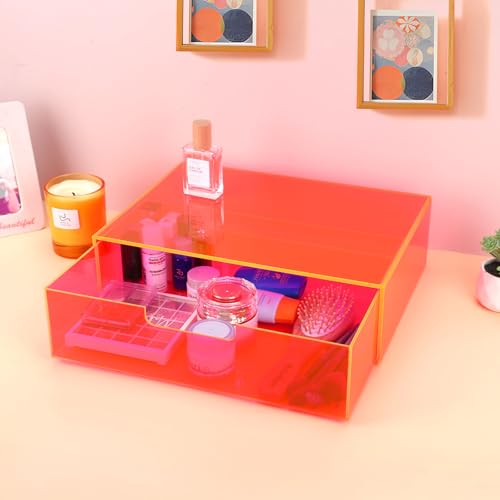 Gelite Acrylic Desk Organizer with Drawer for Makeup Vanity Stackable Desktop Storage Box for Office Supplies, 13.8 x 9.8 x 3.9’’, Neon Pink - color: Neon Pink