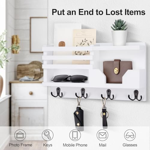 Lwenki Mail and Key Holder for Wall – Decorative 15.9” x 8.7” x 3.2” Entryway Organizer with Shelf – Paulownia Wood with 4 Dual Hooks Includes Mounting Hardware and Installation Guide - color: White