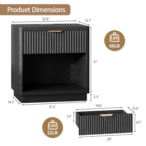 Fluted Nightstand with Charging Station, 22.8Inch Wide Bedside Table End Table with Drawer, Curved Corners, Modern Bedside Table for Bedroom, Living Room, Sofa, Black - color: Rectangle - Black