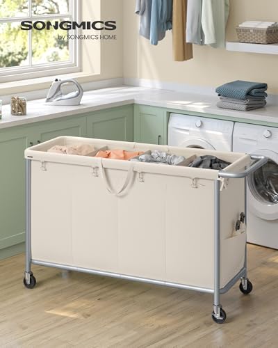 SONGMICS Laundry Basket with Wheels, 4-Section Rolling Laundry Hamper, 68.6 Gallons (260 L), Removable Liner, Steel Frame with Handle, 43.3 x 15.4 x 31.9 Inches, Cream White URLS014W01 - color: Cream White, size: 260 L (4-Section), style: Rectangular with
