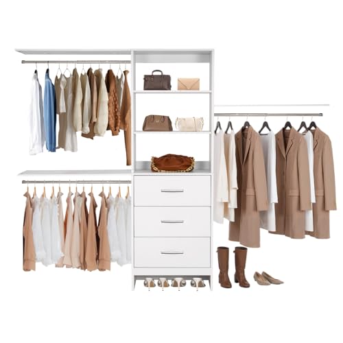 VEVOR Closet System with 3 Drawers, Adjustable Height Wooden Closet Organizers, Modern Walk-in Wardrobe Organization with 3 Retractable Clothes Hanger Rods, Freestanding Garment Rack Storage, White - color: White, style: 3 Clothes Hanger Rods with Support