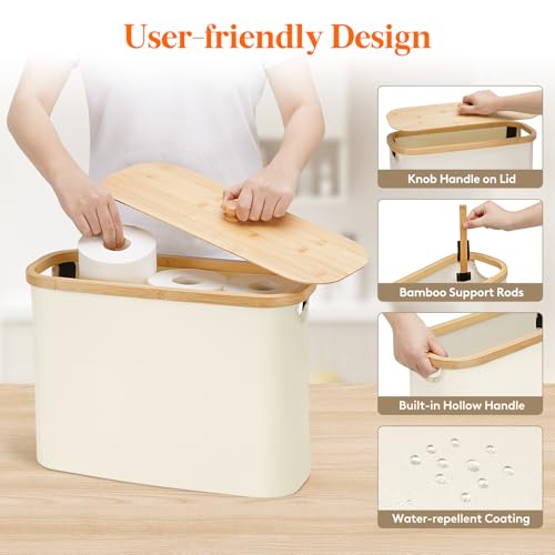 Lifewit Toilet Paper Storage Holder for 9 to 12 Rolls, Free Standing Toilet Paper Basket Stand with Bamboo Lid, Collapsible Fabric Bathroom Organizer Box for Mega Rolls, 23L, Large, White - color: White, size: 23L