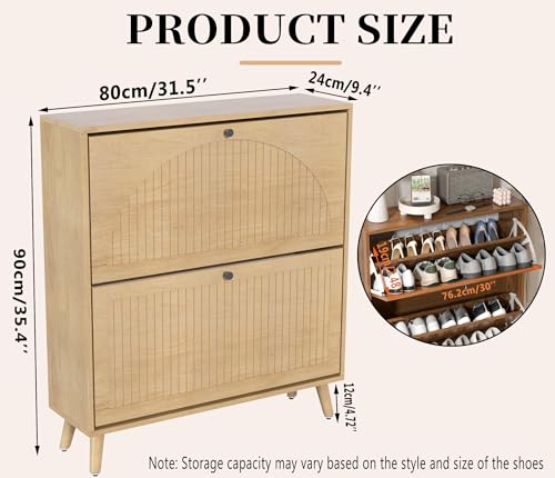 Fsbecl Shoe Storage Cabinet for Entryway with 2 Flip Drawers, Narrow Wood Shoe Cabinet with Fluted Panel, Freestanding Hidden Shoe Organizer for Foyer, Hallway (Wood Color) - color: Wood Color - With Shelf