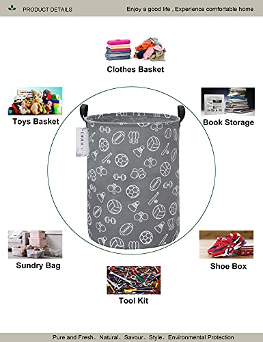 Round Sports Themed Laundry Basket, Collapsible Laundry Hamper for Boys,Cute Ball Print Storage Bin,Waterproof Toy Storage for Kids Room,Nursery,Playroom,New Parent Gift(Grey Sports Ball) - color: Grey Sports Ball