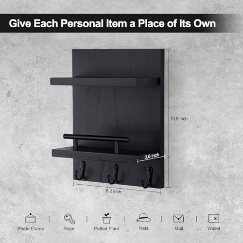 Key Holder Wall Mount, Mail Shelf Decor with 3 Key Hooks, Versatile Wood Wall Organizer for Entryway Hallway (8.2” x 10.6”x 3.6”) (Black) - color: Black