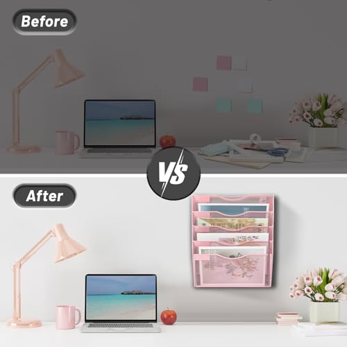 EASEPRES 5 Pocket Mesh Hanging Wall File Organizer, Wall Mounted Mail Paper Document Folder Holder, Clipboard Storage Organization Magazine Rack with Nametag Label for Office Home School, Pink - color: Pink, size: 5 Tier