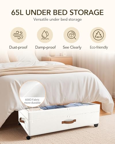 Under Bed Storage with Wheels, 10 inches Under Bed Storage Containers, 65L XXL Large Adjustable Underbed with Lids, Rolling Underbed Storage bins for Shoes, Clothes, Blankets, White - color: White