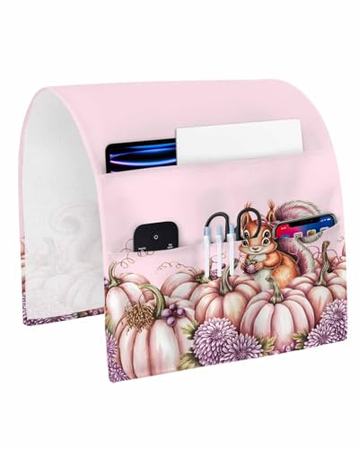 Fall Thanksgiving Remote Control Holder for Bed Recliner Sofa Armrest Organizer, Purple Pumpkin Autumn Flower Botancial Couch Caddy Bedside Storage with 4 Pockets for Magazine/Phone/Cup 13"x35" - color: Pumpkinsdy8851, size: 13 x 35 Inch