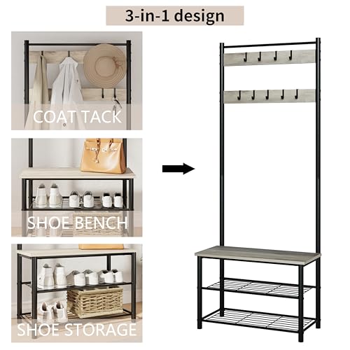 Hall Tree with Bench and Shoe Storage, 3-in-1 Coat Rack, Freestanding Wooden Coat Rack with Shoe Bench with Metal Frame, 3-Tier Storage Shelf and 9 Removable Hooks, Greige - color: Greige