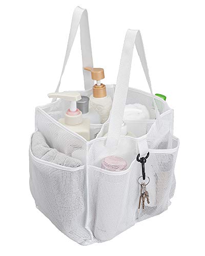 ALYER Mesh Shower Caddy Basket,Large Shower Bag Tote,Hanging Bath Toiletry Organizer with 1 Big Separated Inner Compartment and 6 Deep Outer Pockets (White) - color: White