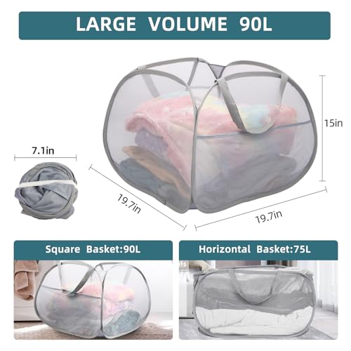 Collapsible Laundry Baskets, 90L Large Foldable Laundry Basket, Durable Mesh Pop Up Hampers for Laundry, Dirty Clothes Laundry Hamper for Bedroom, Bathroom, Dorm, Laundry Room, Travel or Camping Grey - color: Gray