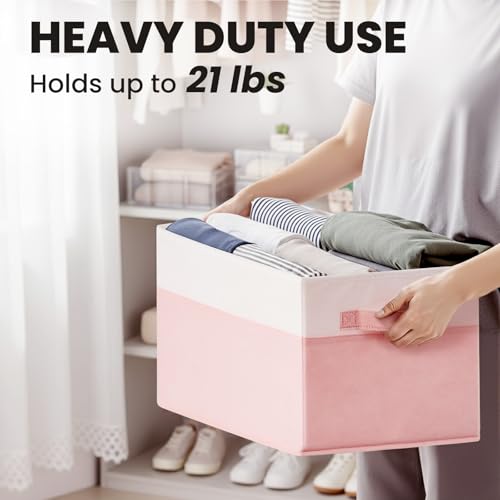 Large Closet Organizer Bins with Lids 4 Pack - 23 QT Collapsible Decorative Storage Boxes with Lids - Clothes Storage Bins with Handles - Fabric Containers for Living Room, Dorm, Nursery - Pink - color: White with Pink, size: 4pcs-Large
