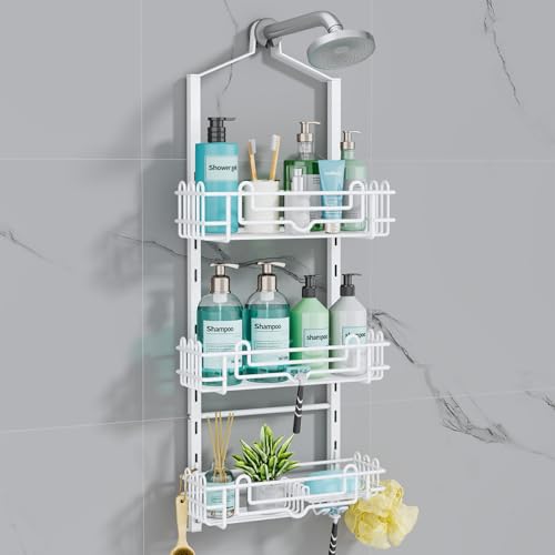 Consumest Shower Caddy Hanging – Rustproof Over Shower Head Hanger with Soap Holder and Hooks, Anti-Slip Shower Shelves for Storage, Bathroom Organizer for Apartment, Dorm, White - color: White, size: 3 Tier-Shower Head