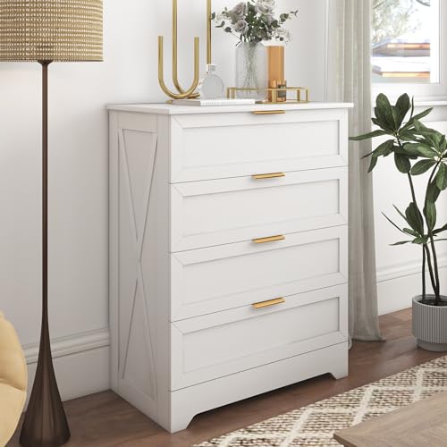 White 4 Drawer Dresser for Bedroom, Tall Bedroom Dresser with Large Drawer & Golden Handles, Wooden Storage Organizer Cabinet Chest of Drawer for Closet, Living Room, Hallway, Children's Room - color: White