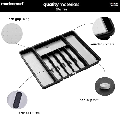 madesmart Expandable Silverware Tray, 8 Compartment Silverware Organizer for Forks, Knives & Spoons, Non Slip, Soft Grip Base, Expands to Fit Most Drawers, Carbon