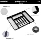 madesmart Expandable Silverware Tray, 8 Compartment Silverware Organizer for Forks, Knives & Spoons, Non Slip, Soft Grip Base, Expands to Fit Most Drawers, Carbon