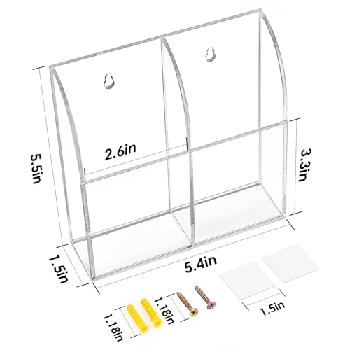 MaxGear Wall Marker Holder & Remote Control Organizer, 2 Compartments Acrylic Organizer for Remotes, Pens, Makeup, Markers, Clear Desk Wall Pen Holder for Whiteboard-5.4'' X 1.6'' X 5.5'', 2 Pack