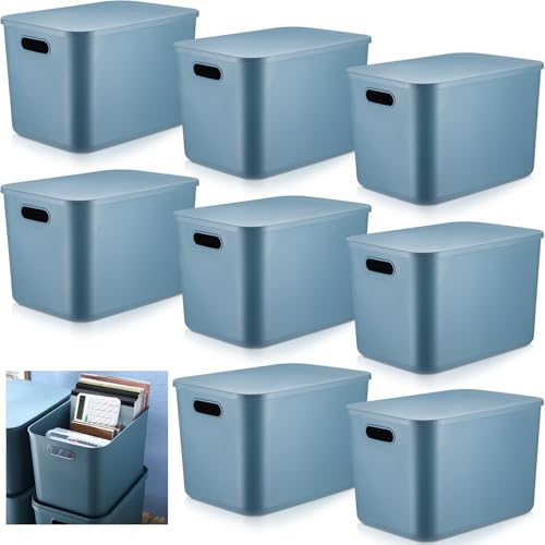 Hoolerry 8 Pieces Colorful Storage Bins with Lid, Plastic Storage Basket Organizing Container Stackable Box with Handle for Shelves Desktop Playroom Office(14.2 x 10.2 x 9.5 Inch,Blue) - color: Blue, size: 14.2 x 10.2 x 9.5 Inch