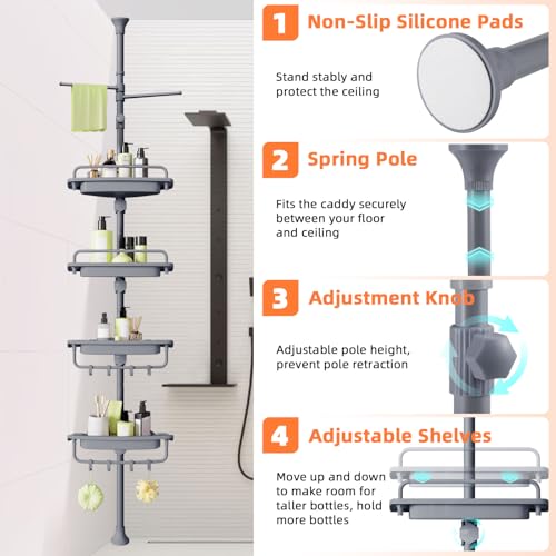 XLHOMO 32-122inch Corner Shower Caddy Tension Pole Grey, Rustproof Drill-Free Shower Shelves for Bathroom Bathtub Washbasin, Adjustable Shower Organizer with 4 Tier Patent Stable Shelves & Towel Bars - color: Grey
