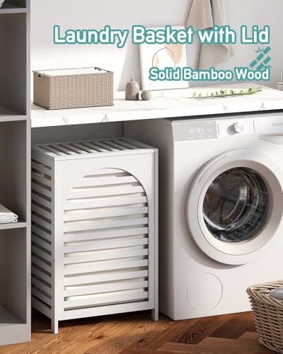 White Laundry Hamper, 22.5 Gallon (85L) Bamboo Wood Clothes Laundry Basket with Lid and Handles, Removable Liner - color: White, size: Large