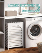 White Laundry Hamper, 22.5 Gallon (85L) Bamboo Wood Clothes Laundry Basket with Lid and Handles, Removable Liner - color: White, size: Large