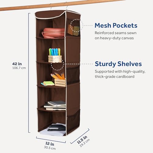 ZOBER Hanging Closet Organizer, 5-Shelf - Hanging Storage Organizer Shelves for Clothes, Towels, Toys - College Dorm Room, Nursery, & Home Closet - color: Java, size: 5-Shelf
