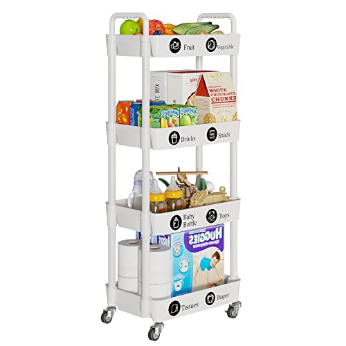 Laiensia 4-Tier Storage Carts,Multifunction Utility Rolling Cart Kitchen Storage Organizer,Mobile Shelving Unit Cart with Lockable Wheels for Bathroom,Laundry,Living Room,With Classified Sticker,White - color: White, size: 4-Tier
