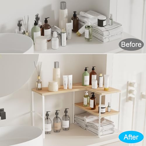 Golener Countertop Organizer Corner Shelf, 2-Tier Adjustable Stackable Corner Shelves for Kitchen, Spice Rack, Coffee Bar, Over Sink, Bathroom, Dresser Table, Corner Counter Shelf Stand, Natural Beige - color: Natural Beige, size: Medium Standard