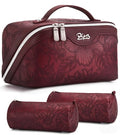BOYATU Travel Makeup Bags Cosmetic Organizer Bag: 3-Set Large Capacity Make up Bag - PU Leather Toiletry Bags for Women - Wide Open Portable Pouch with Divider & Handle (02-Dark Red) - color: 02-Dark Red
